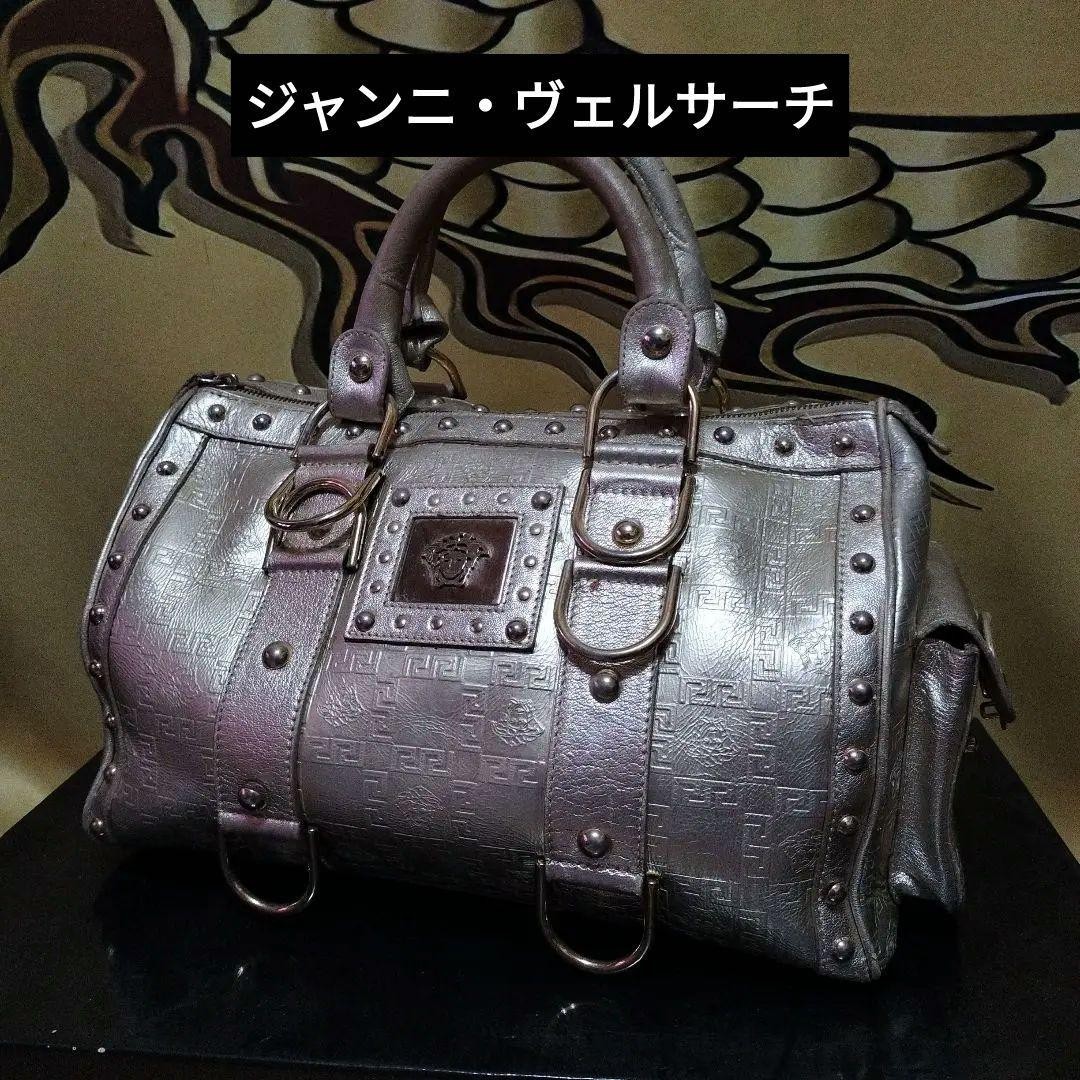 VERSACE HandBag Boston Bag With Studs Hardware Silver Leather Greca Embossed thumbnail 13