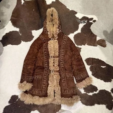 Vintage 70s Embroidered Afghan Coat • Chocolate Brown Patchwork with Shearling 