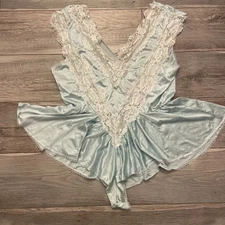 VTG Alana Gale Lace Ruffle Babydoll Lingerie Romper Women's Sz Large Teal