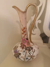 Royal Bonn Franz Anton Mehlem Floral Leaves Raised gold design ewer 14” tall.