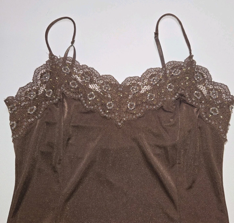 Camiseta sin mangas vintage The Limited camisola XS encaje Y2K marrón con cuentas hada sedosa Foto 2 de 4
