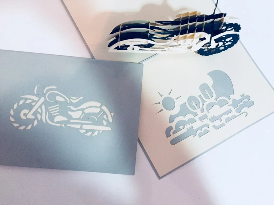ОРИГАМИ POP CARD Серебряный серый черный мотоцикл 3D Happy день рождения всплывающая карта любовь - Изображение 4 из 4