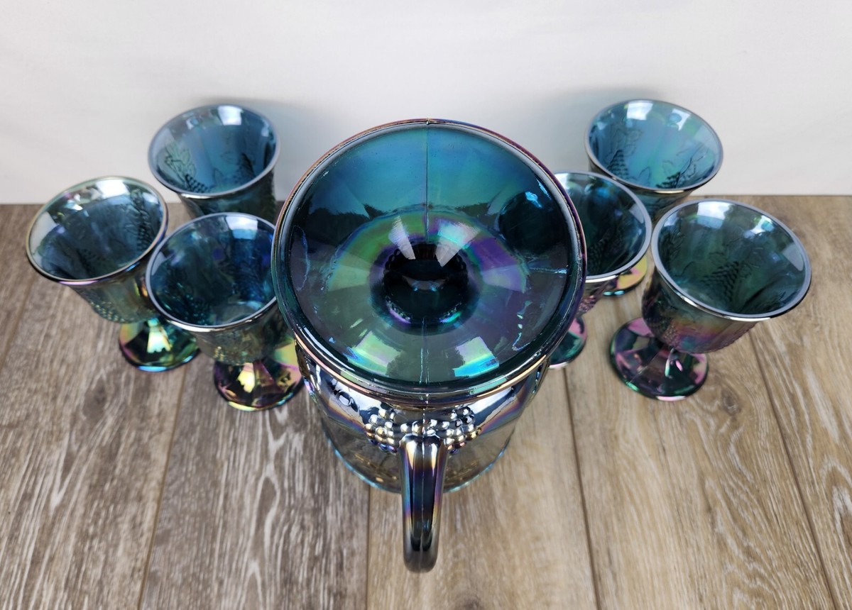 希少完全4セット！ゲーベル Goebel ミュシャ　四季☆花瓶 金採飾壺　ガラス Blue Carnival Glass Harvest Grape Iridescent Pitcher & Goblet Set