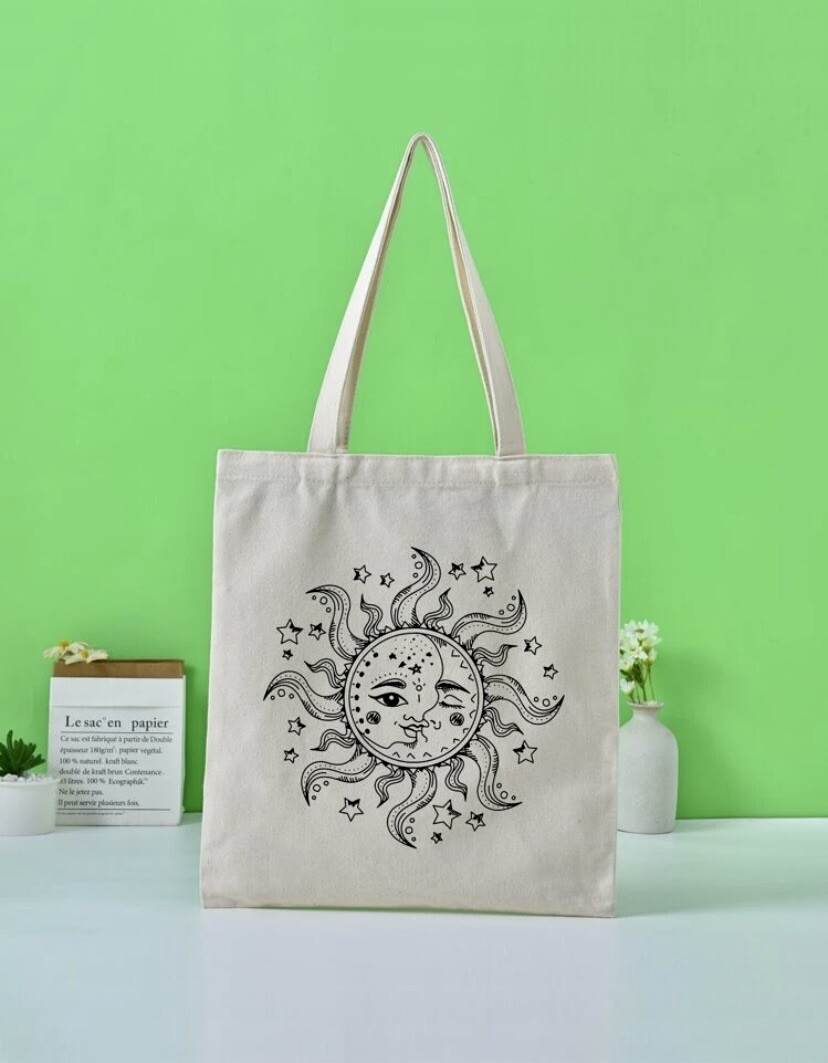 CUTE SUN MOON GRAPHIC MATERIAL TOTE BAG, OFF WHITE, BOHO SUPER