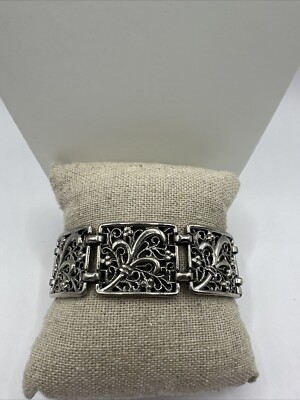Vintage Silver tone Scroll link Wide Bracelet 7.75 