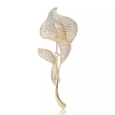 ZARD Calla Lilly Pin Brooch in Cubic Zirconia Crystal Pave and Fine Metal Plate