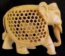 Carved Pierced Wood Elephant w/ Baby Inside, Intricate Carving 5"x 5"x 3" India