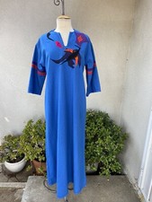 Vintage Boho Kaftan Maxi Dress Blue With Applique Custom Made Large