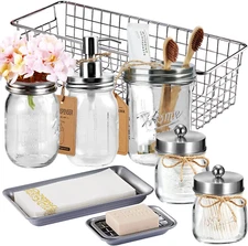 8 Pcs Bathroom Accessories Set - Soap Dispenser Mason Jars Vanity Tray Basket+