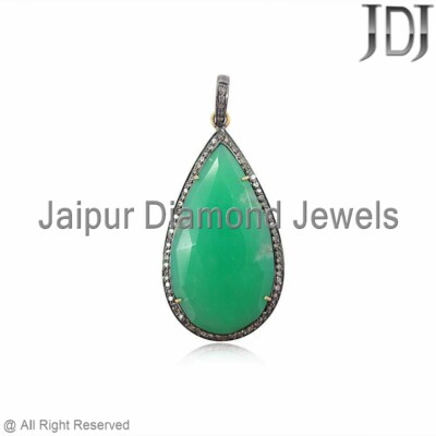 16.22cts Natural Chrysoprase Pave Diamond 925 Silver 18'' Chain Pendant Jewelry