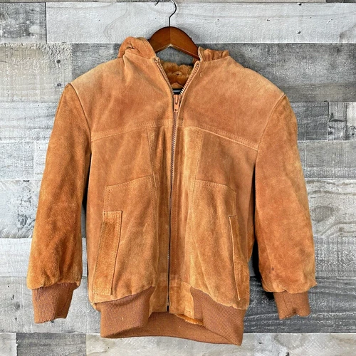 Vtg Hi Gear Mens S Rust Brown Leather Suede Jacket Lined Hooded Heavy Western