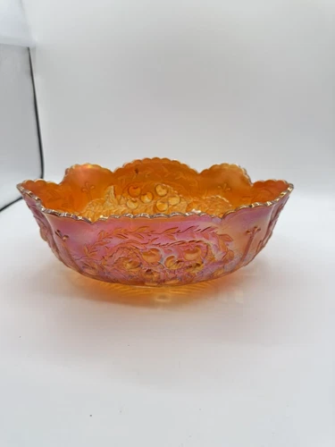 Dugan Carnival Glass "Wreathed Cherries" Marigold w/Ruffled Rim Vintage