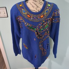 Vintage Victoria Harbour Sweater Womens Large blue 80s Jewel Beaded Tunic