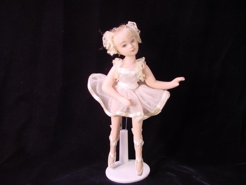 Porcelain Ballerina Doll W/ Stand Dance Gift Yellow Dress Lace in her hair - Picture 2 of 2