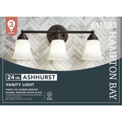 Hampton Bay Ashhurst 3-Light Oil Rubbed Bronze Vanity Light Frosted Glass Shades - Picture 4 of 8