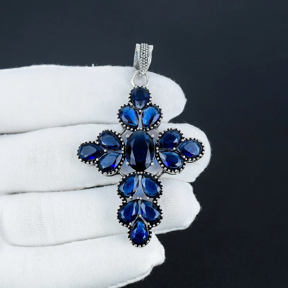 Zaffiro Blu Gemma a Mano 925 Pendente Argento Sterling Per Compleanno Regali - Immagine 2 di 4