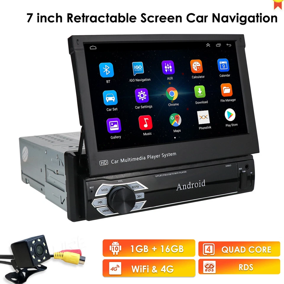 Single 1Din 7" Flip Out Car Stereo Radio Android 10.1 GPS Navi FM Player +Camera - Image 2 of 4