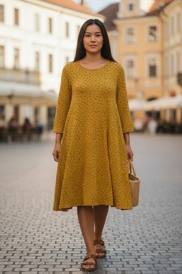Gudrun Sjödén Dress Womens XL Green Polka Dot Long Sleeve cocoon swing Lagenlook