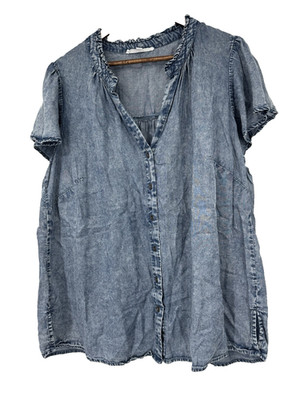 Jane and Delancey 1X Blue Chambray Button Up Flutter Sleeve Lyocell cottagecore