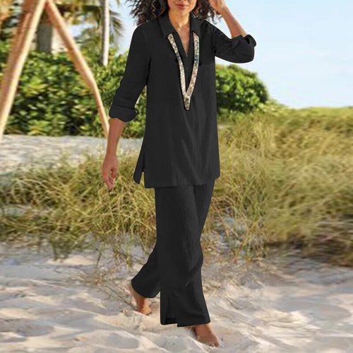 Women's Cotton Linen Suit Shirt Loose Suit Long Pants Long Sleeve Casual Suit🔥 - Picture 11 of 18