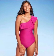 Kona Sol Women's Ruffle One Shoulder Full Coverage One Piece Swimsuit Pink M
