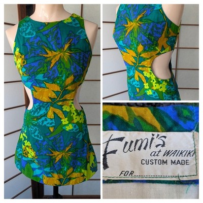 Vintage 1960s Fumi's Waikiki Hawaii Mini Dress Cut Outs Peekaboo Sz XS Mod GoGo