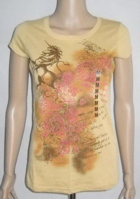 Self Esteem Y2K T Shirt Jrs MED Tan Baby T Crew Fitted Unicorn Cloud Flower NOS