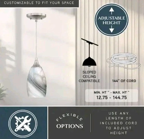 1-Light Marble Swirl Colored Glass Pendant by Milano/Satin Nickel/Free Shipping - Picture 7 of 12