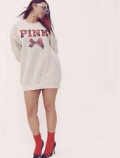 VS PINK LoveShackFancy Oversized Crewneck Sweatshirt Dress Sequin Bow XL
