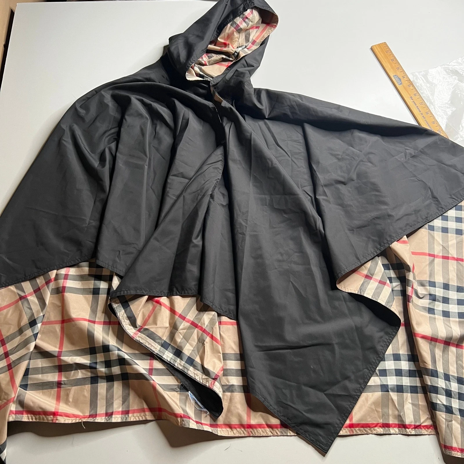 Burberry Reversible Hooded Poncho Black Nova Check Rain Cape Womens OS