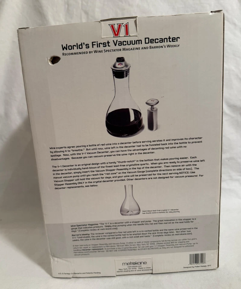 Metrokane V1 Worlds Primera jarra de vidrio al vacío vino nueva caja abierta  Foto 3 de 4