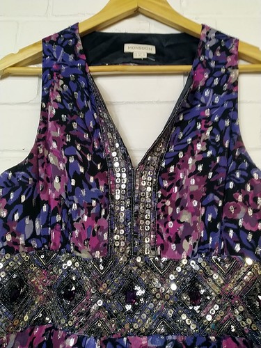 Monsoon Ladies Silk Dress Size UK 14 Purple Mix Long Open Back Beaded Detailing - Bild 8 von 14