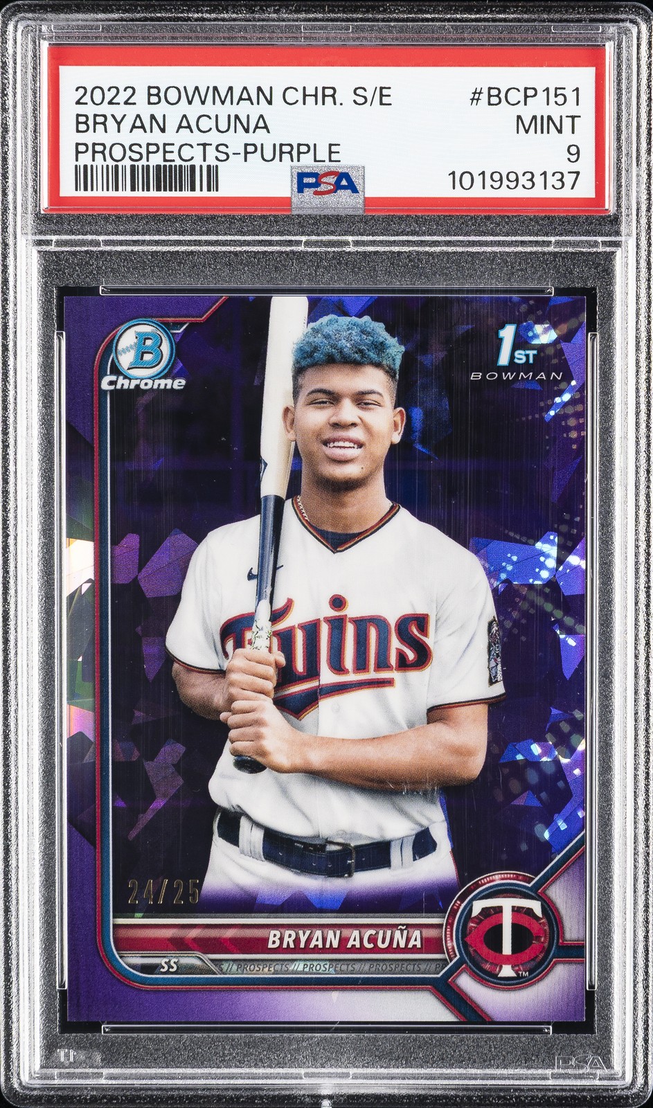 2022 BOWMAN CHROME SAPPHIRE ED PROSPECTS PURPLE #BCP151 BRYAN ACUNA 24/25 PSA 9