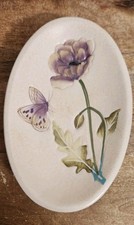 Oval Ceramic 6" Soap / Trinket Dish Purple Flower Purple Butterfly