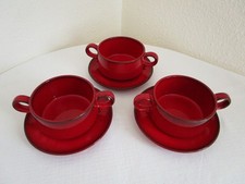 3 Suppentassen mit Unterteller rot Keramik Schale Antipasti 70er Vintage Keramik