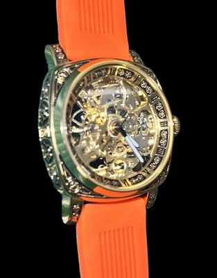 Skeleton Mechanical Gold Ornate Wristwatch Orange Strap Scratch Resistant Face