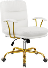 Leather Home Office Desk Chair, Mid-Back Vanity Chair Make up Chair with Gold Wh