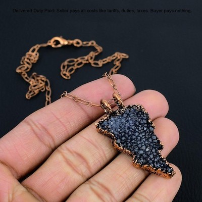 Copper Black Druzy Qaurtz Gemstone Wedding Electroformed Chain Necklace Jewelry