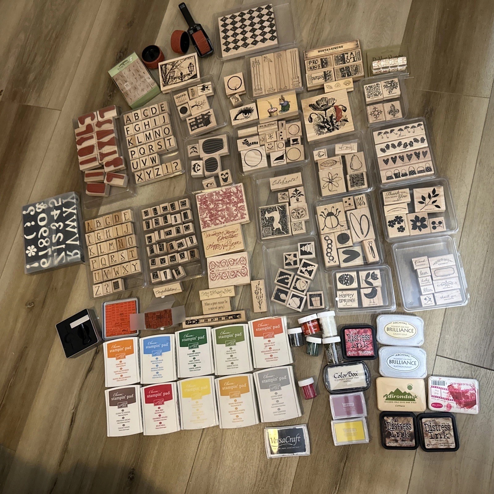 Rubber Stamp Lot 100+ Stamps Plus  7 Alphabets Ink Pads Embossing Powder Rollers