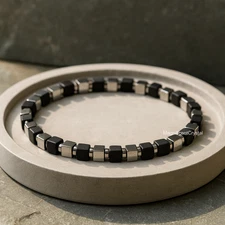 Men’s Black Tourmaline Hematite Square Bead Bracelet Stretch Jewelry Gift