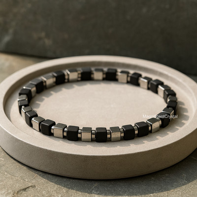 Men s Black Tourmaline Hematite Square Bead Bracelet Stretch Jewelry Gift