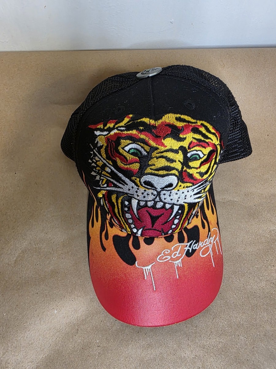 Ed Hardy Hat Cap Snap Back Black Tiger Graphic Mesh Trucker Mens