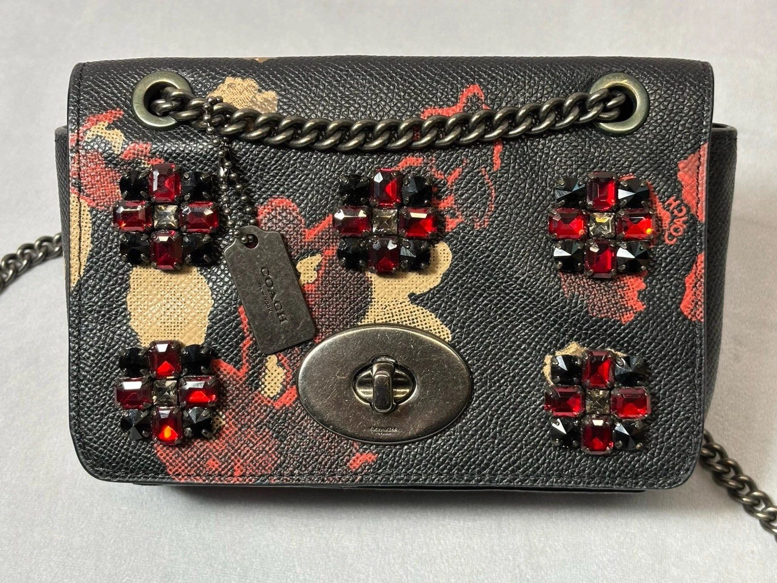 Coach Mini Borsa a Tracolla in Pelle Nera Stampa Floreale con Gioielli City Designer