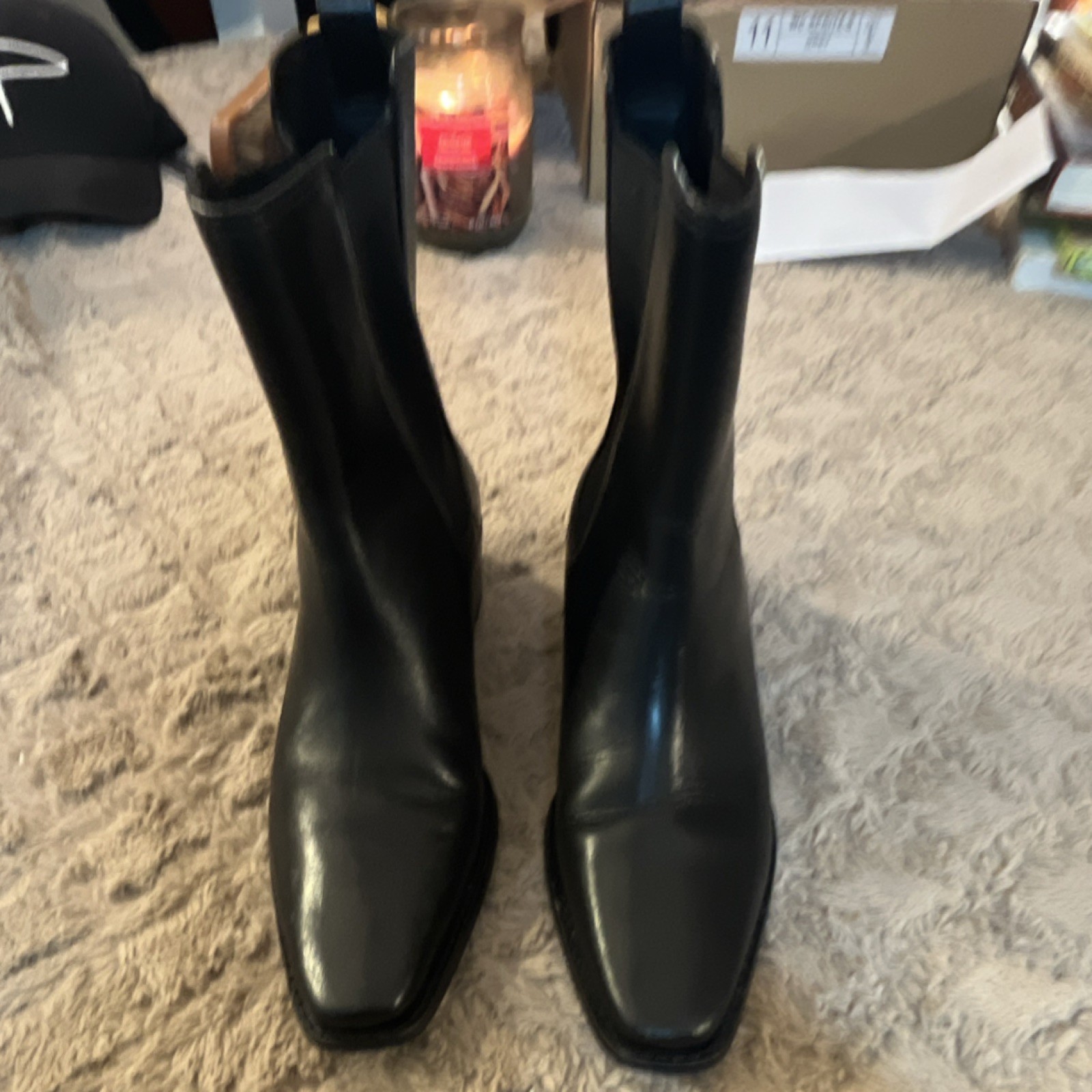 Tory Burch Chelsea Boot Black Leather Mid-Calf Square Toe Pull On Women's 6.5