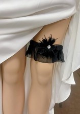 Wedding Satin Garter for Bride, Black Garter with Feather and Rhinestone