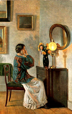 Postcard woman looking at herself with lamp in mirror image-publisher: Asco B.-Schöneberg
