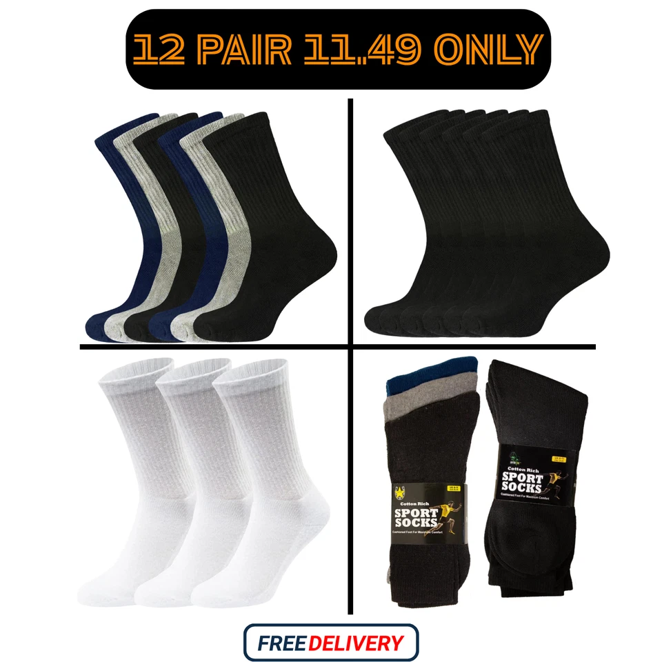 GLOSSY LONDON Mens Sports Socks 6 Pairs Cotton Rich Cushioned Everyday Crew Socks UK Size 6-11
