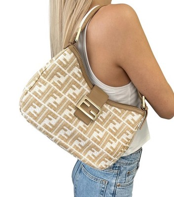 FENDI Vintage FF Logo Zucca Raffia Hobo Shoulder Bag Brown White