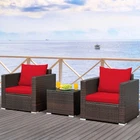 Ensemble de meubles de patio en rotin Costway 3PCS, canapé de conversation rembourré, jardin rouge
