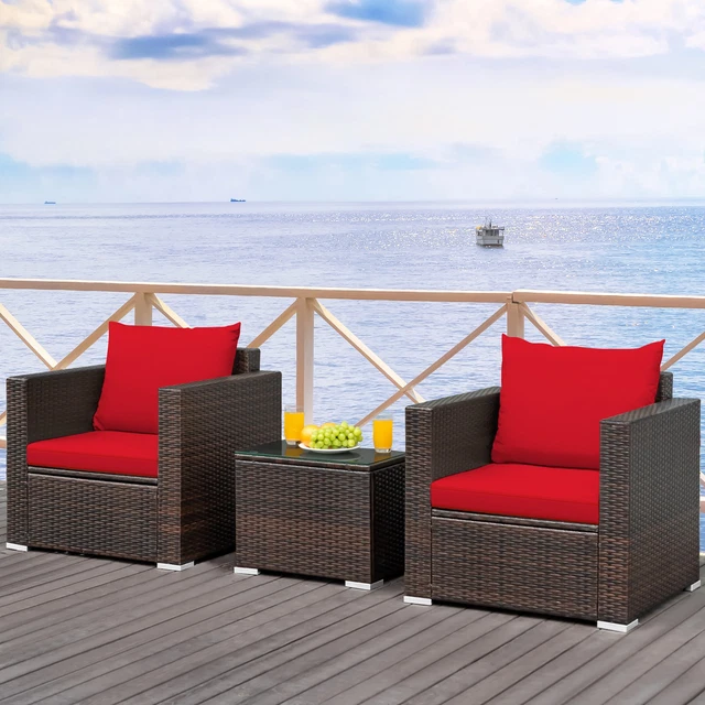 Ensemble de meubles de patio en rotin Costway 3PCS, canapé de conversation rembourré, jardin rouge